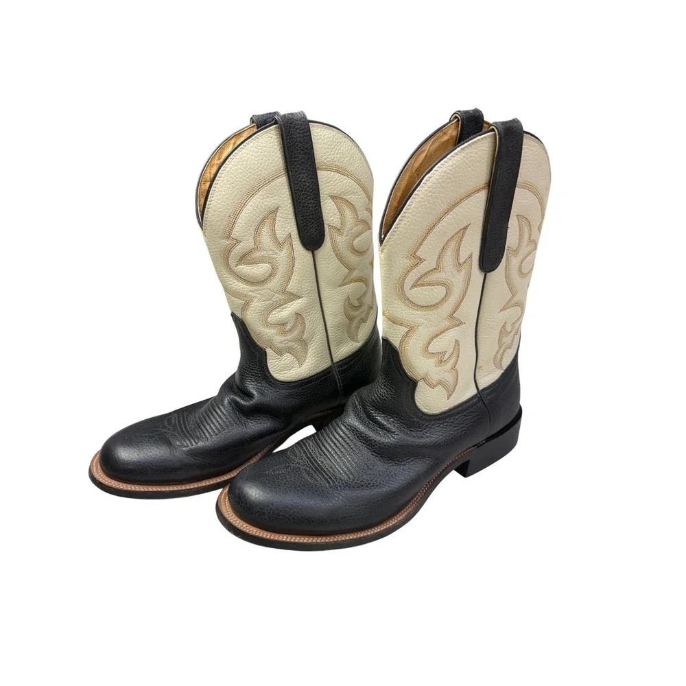 Hondo Two Tone Leather Western Cowboy Boots Black Cream Round Toe  1057 10EE